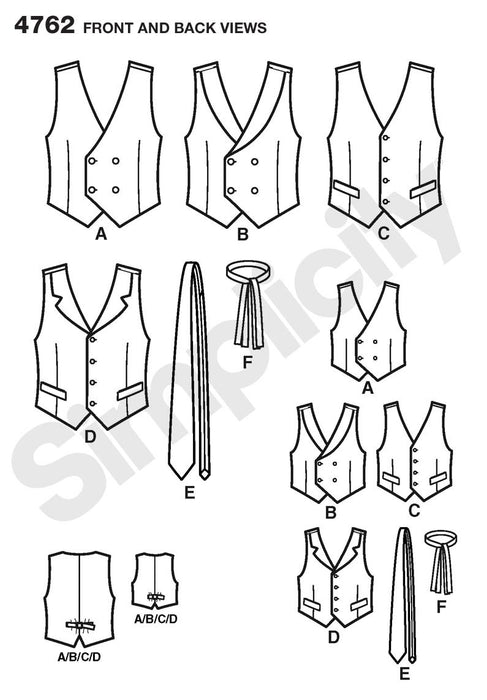 Simplicity Pattern 4762 Boys' and Men's Waistcoats & Ties. from Jaycotts Sewing Supplies