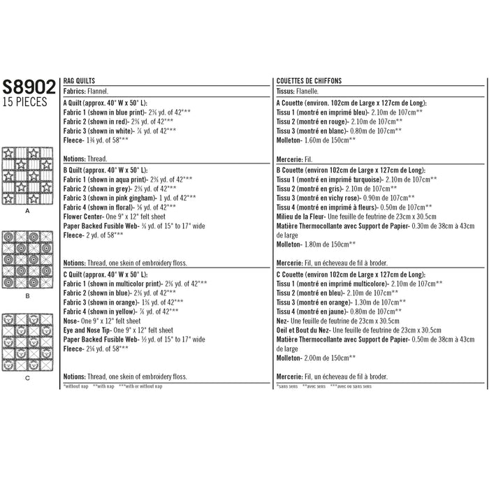 Simplicity Pattern  8902 Make quilts (102cm x 127cm) in three styles from Jaycotts Sewing Supplies