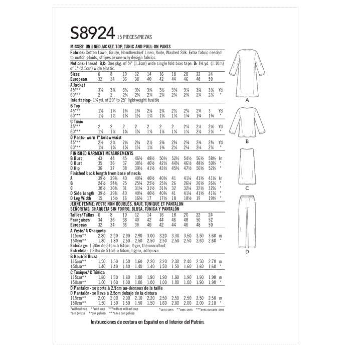 Simplicity Sewing Pattern S8924  Jacket, Top, Tunic and Pull-on Pants from Jaycotts Sewing Supplies