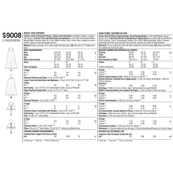 Simplicity 9008 Misses' Halloween Cape Costumes Pattern from Jaycotts Sewing Supplies