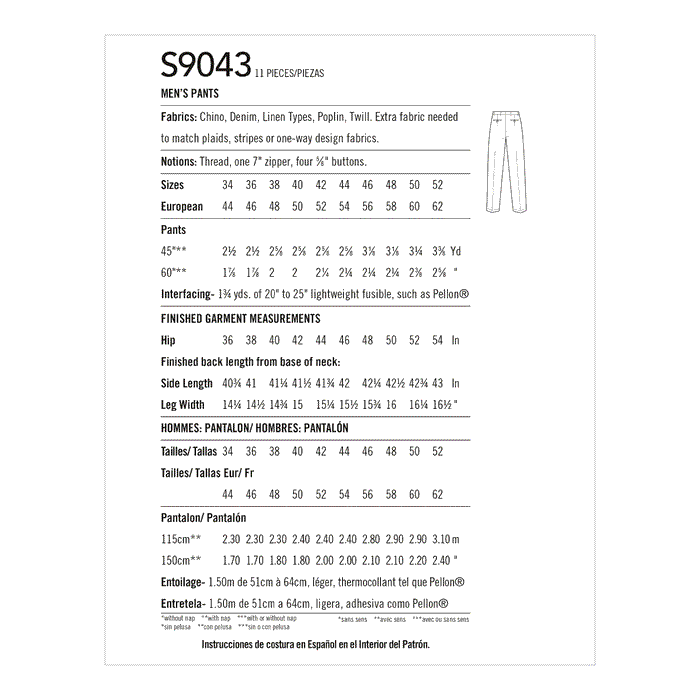 Simplicity Sewing Pattern S9043 Men's Trousers from Jaycotts Sewing Supplies