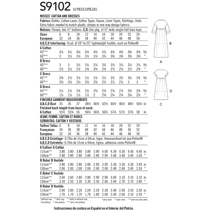 Simplicity Sewing Pattern S9102 Caftan and Dresses from Jaycotts Sewing Supplies
