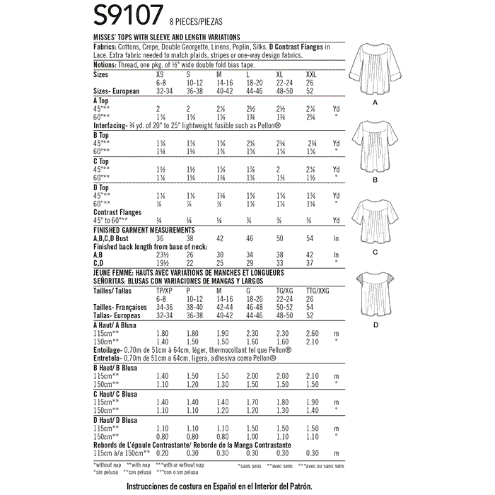 Simplicity Sewing Pattern S9107  Tops With Sleeve and Length Variation from Jaycotts Sewing Supplies