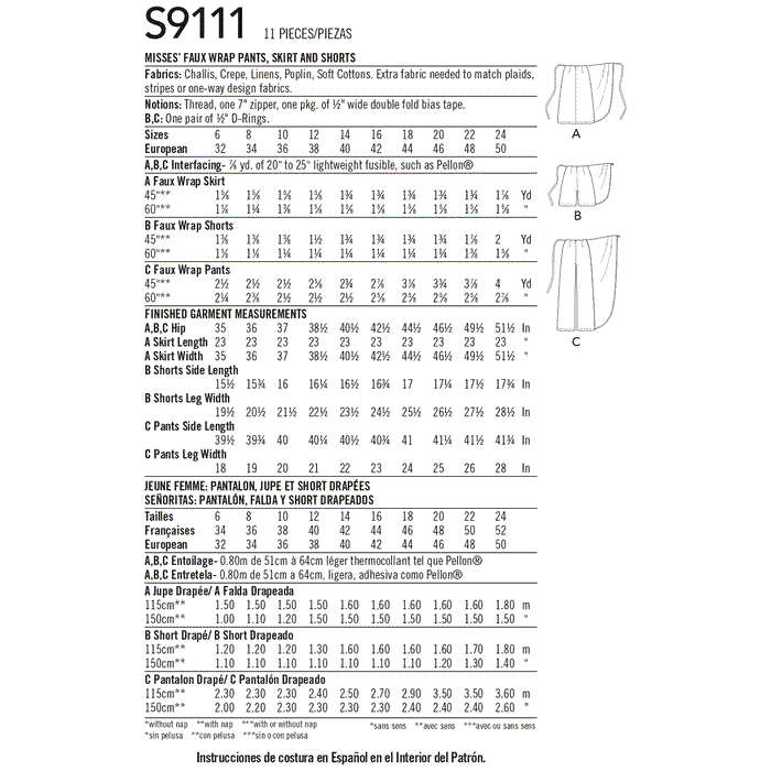 Simplicity Sewing Pattern S9111  Faux Wrap Pants, Skirt and Shorts from Jaycotts Sewing Supplies
