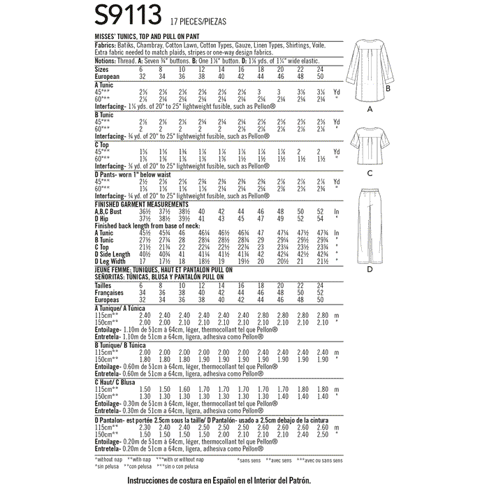 Simplicity Sewing Pattern S9113  Tunic, Top and Pull On Pants from Jaycotts Sewing Supplies