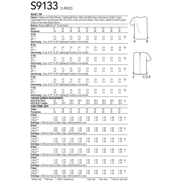 Simplicity Sewing Pattern S9133  Tops from Jaycotts Sewing Supplies