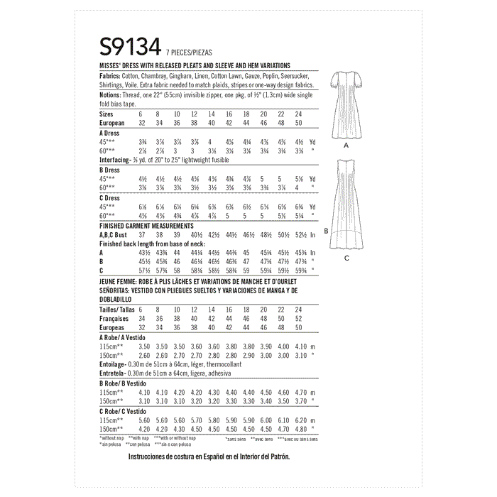Simplicity Sewing Pattern S9134  Released Pleat Dress from Jaycotts Sewing Supplies