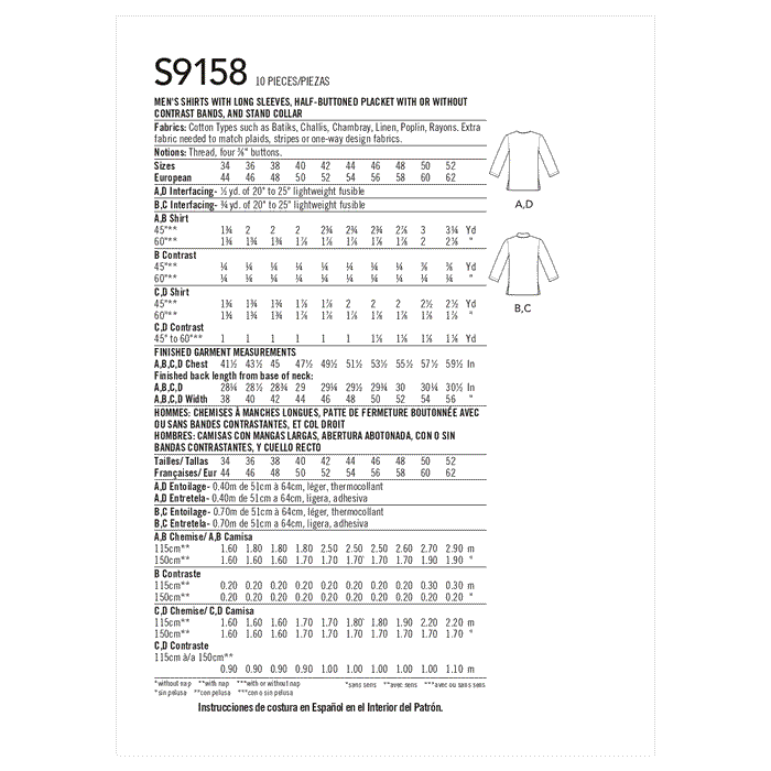 Simplicity 9158 Men's Half Buttoned Shirts Pattern from Jaycotts Sewing Supplies