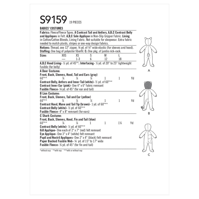 Simplicity 9159 Babies' Animal Costumes Onesie Pattern from Jaycotts Sewing Supplies