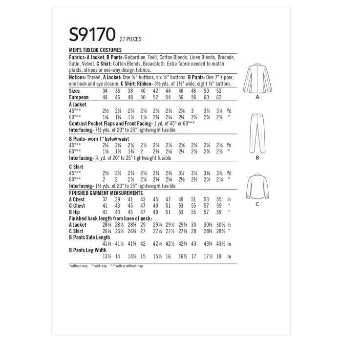 Simplicity 9170 Men's Tuxedo Costumes Pattern from Jaycotts Sewing Supplies