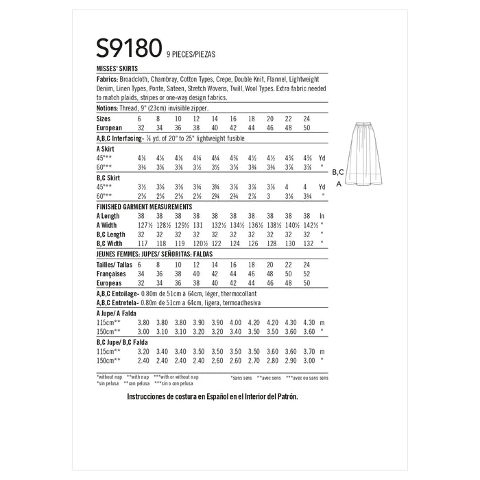 Simplicity 9180 Misses' Skirts Sewing Pattern from Jaycotts Sewing Supplies