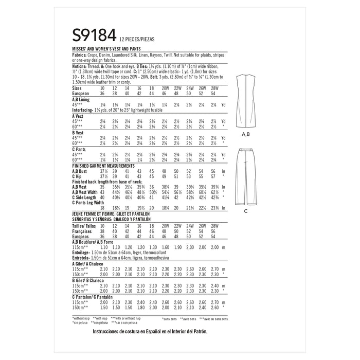 Simplicity 9184 Misses' and Women's Waiscoat and Trousers Sewing Pattern from Jaycotts Sewing Supplies