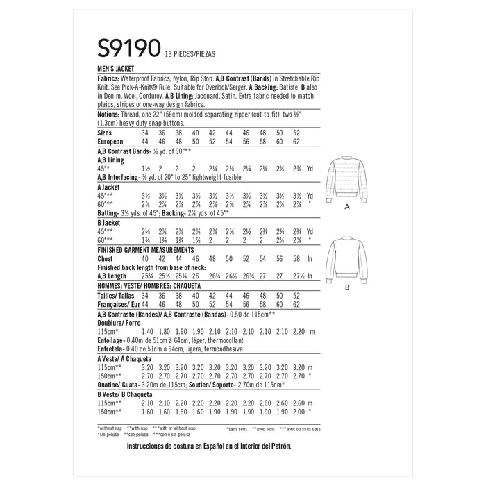 Simplicity 9190 Men's Jacket Sewing Pattern from Jaycotts Sewing Supplies