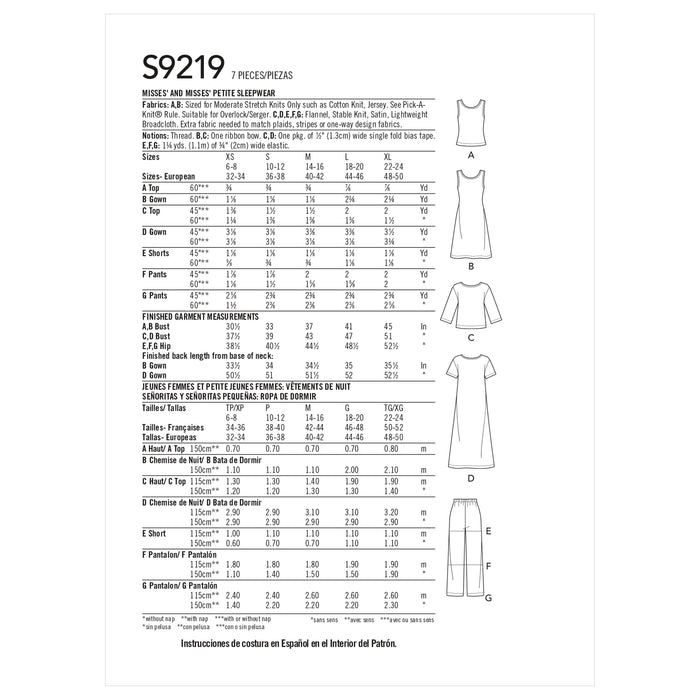 Simplicity 9219 Misses' and Petite Sleepwear Sewing Pattern from Jaycotts Sewing Supplies