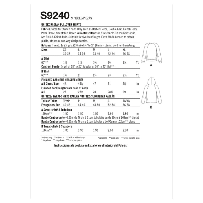 Simplicity Sewing Pattern 9240 Unisex Hoodies from Jaycotts Sewing Supplies