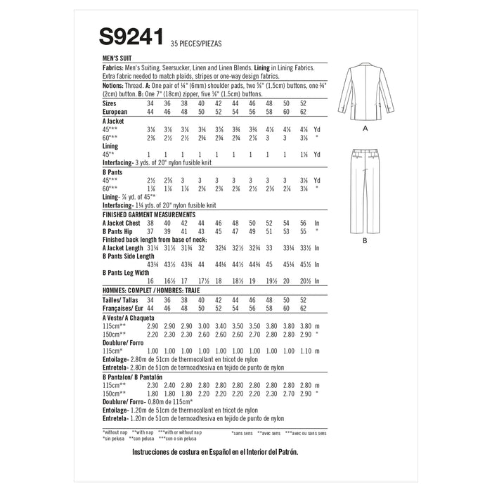 Simplicity Sewing Pattern 9241 Men's Suit from Jaycotts Sewing Supplies