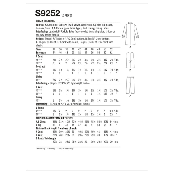 Simplicity Sewing Pattern 9252 Unisex Vintage Uniform Costumes from Jaycotts Sewing Supplies