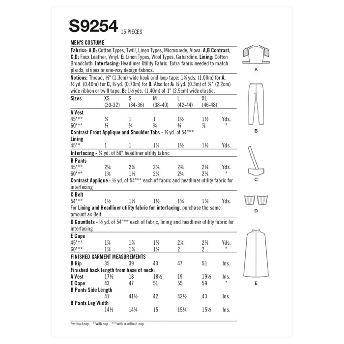 Simplicity Sewing Pattern 9254 Men's Costume from Jaycotts Sewing Supplies