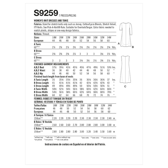 Simplicity Sewing Pattern 9259 Women's Knit Dresses and Tunic from Jaycotts Sewing Supplies