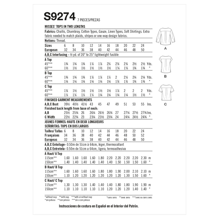 Simplicity Sewing Pattern 9274 Tops In Two Lengths from Jaycotts Sewing Supplies