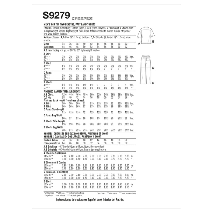 Simplicity Sewing Pattern 9279 Men's Shirt, Pants and Shorts from Jaycotts Sewing Supplies