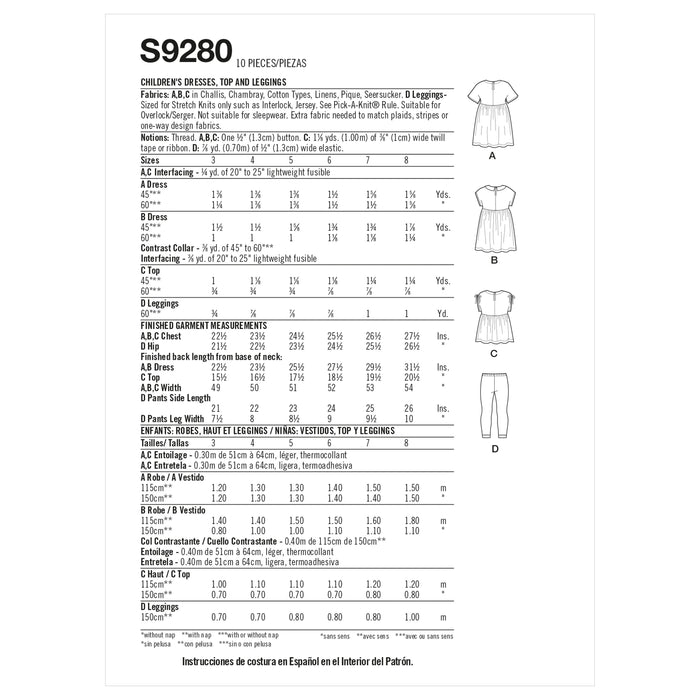 Simplicity Sewing Pattern 9280 Children's Dresses, Top and Leggings from Jaycotts Sewing Supplies