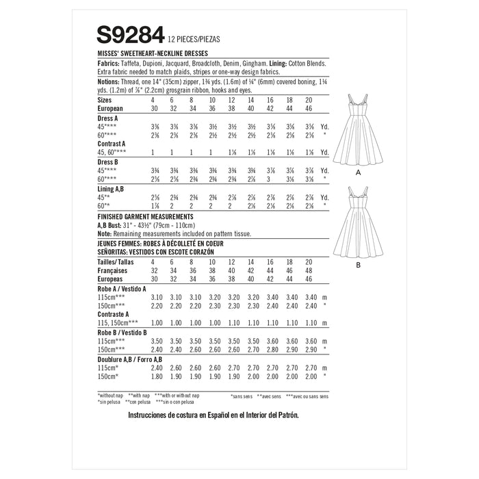 Simplicity Vintage Sewing Pattern 9284 Sweetheart-Neckline Dresses from Jaycotts Sewing Supplies