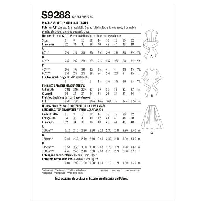 Simplicity Vintage Sewing Pattern 9288 Wrap Top and Flared Skirt from Jaycotts Sewing Supplies