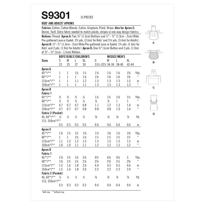 Simplicity Sewing Pattern 9301 Kids' and Adults' Aprons from Jaycotts Sewing Supplies