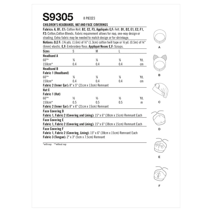 Simplicity Sewing Pattern 9305 Children's Face Masks, Hats and Headbands from Jaycotts Sewing Supplies