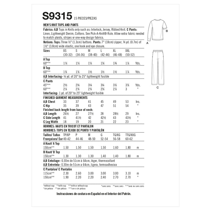 Simplicity Sewing Pattern S9315 Men's Knit Tops and Pants from Jaycotts Sewing Supplies