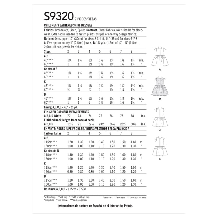 Simplicity Sewing Pattern S9320 Children's Gathered Skirt Dresses from Jaycotts Sewing Supplies
