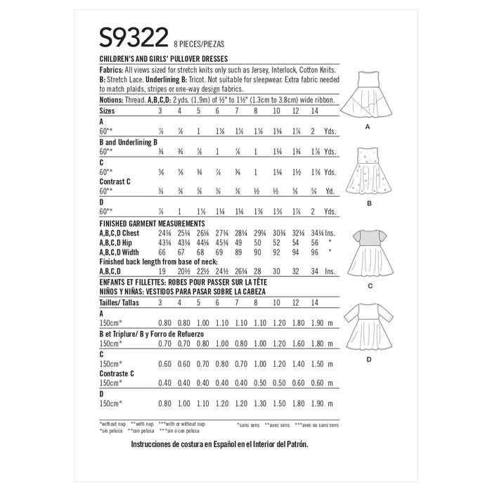 Simplicity Sewing Pattern S9322 Children's and Girls' Pullover Dresses from Jaycotts Sewing Supplies