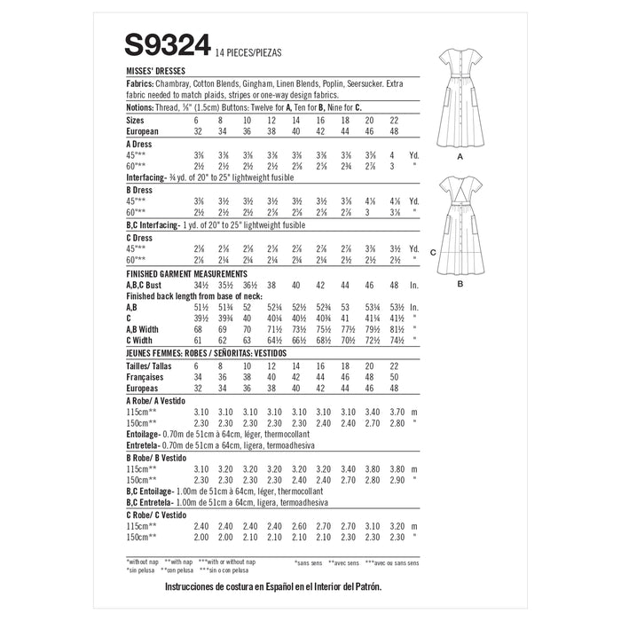 Simplicity Sewing Pattern S9324 Misses' Dresses from Jaycotts Sewing Supplies