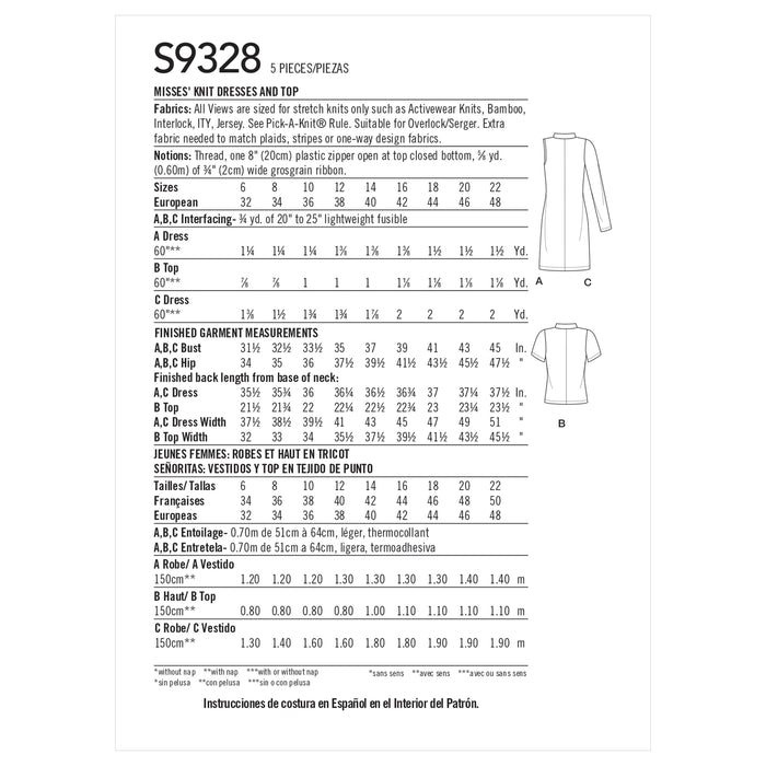 Simplicity Sewing Pattern S9328 Misses' Knit Dresses and Top from Jaycotts Sewing Supplies