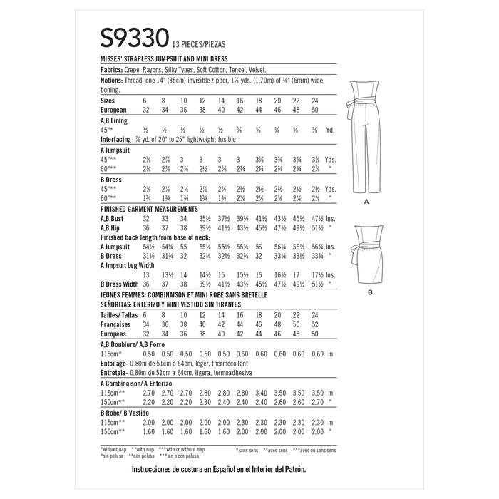 Simplicity Sewing Pattern S9330 Misses' Strapless Jumpsuit and Mini Dress from Jaycotts Sewing Supplies