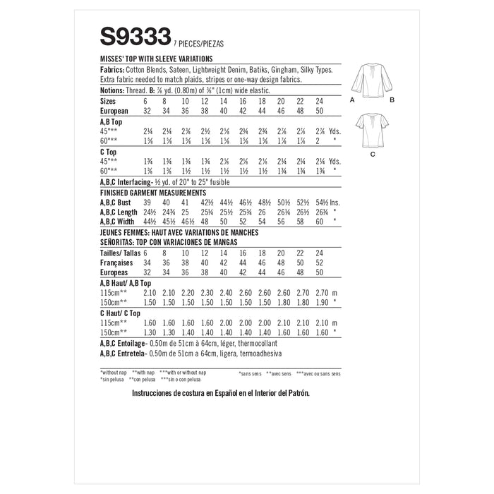Simplicity Sewing Pattern S9333 Misses' Top with Sleeve Variations from Jaycotts Sewing Supplies