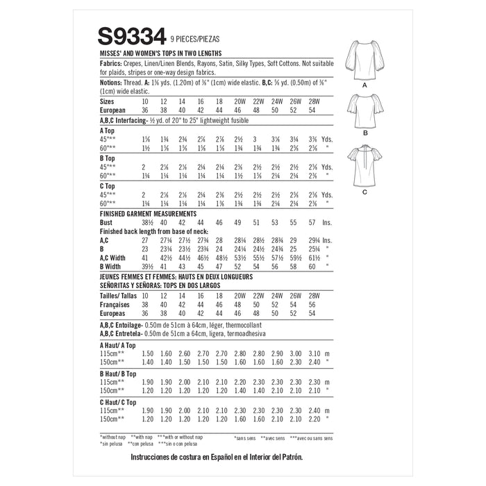 Simplicity Sewing Pattern S9334 Misses' and Women's Tops from Jaycotts Sewing Supplies