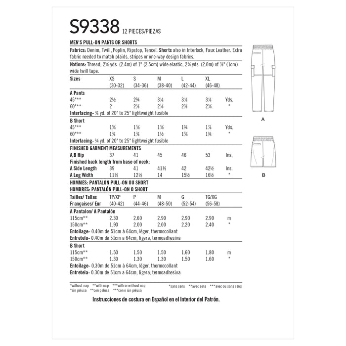 Simplicity Sewing Pattern S9338 Men's Pull-On Pants or Shorts from Jaycotts Sewing Supplies