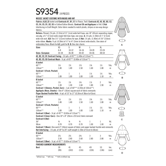 Simplicity Sewing Pattern 9354 Misses' Jacket Costume with Masks and Hat from Jaycotts Sewing Supplies