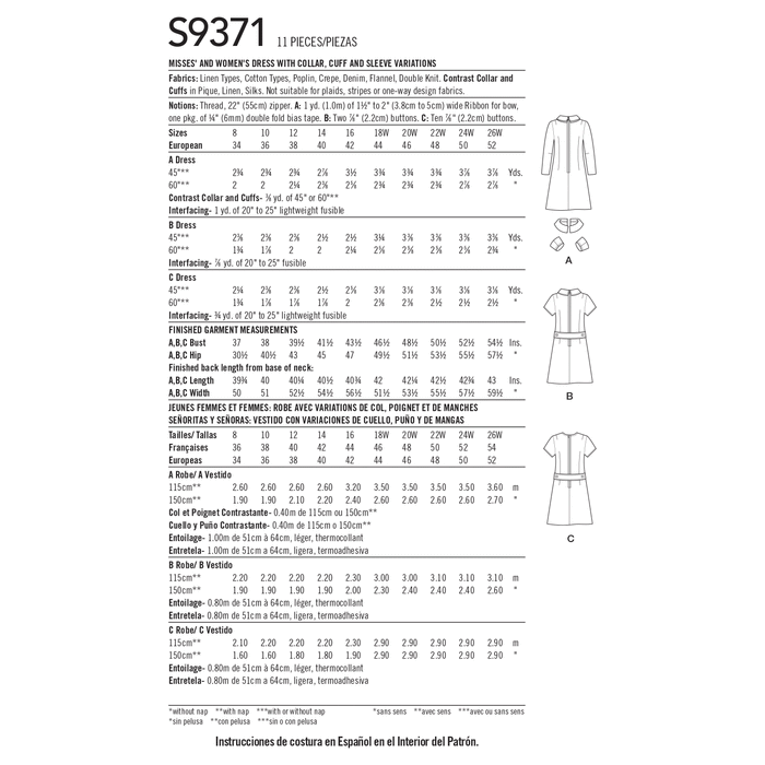 Simplicity Sewing Pattern 9371 Misses' and Women's Dress with Collar, Cuff and Sleeve Variations from Jaycotts Sewing Supplies