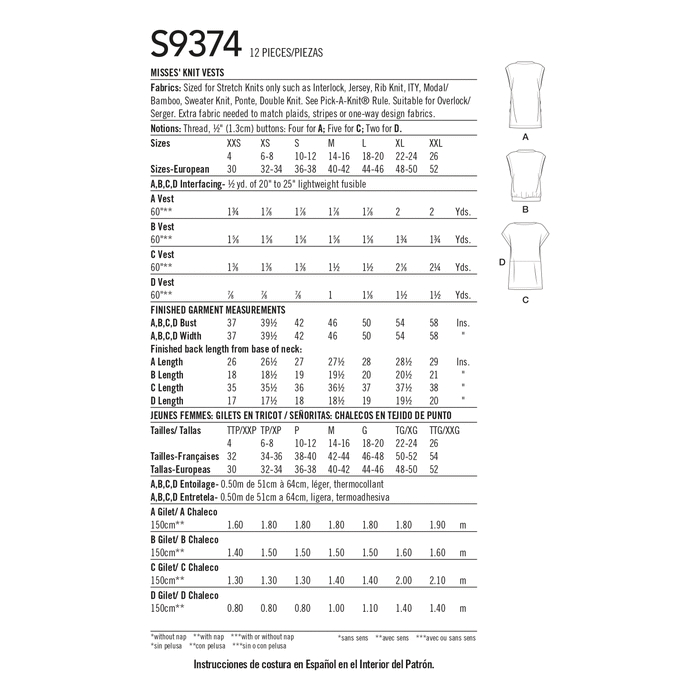 Simplicity Sewing Pattern 9374 Misses' Knit Vests from Jaycotts Sewing Supplies