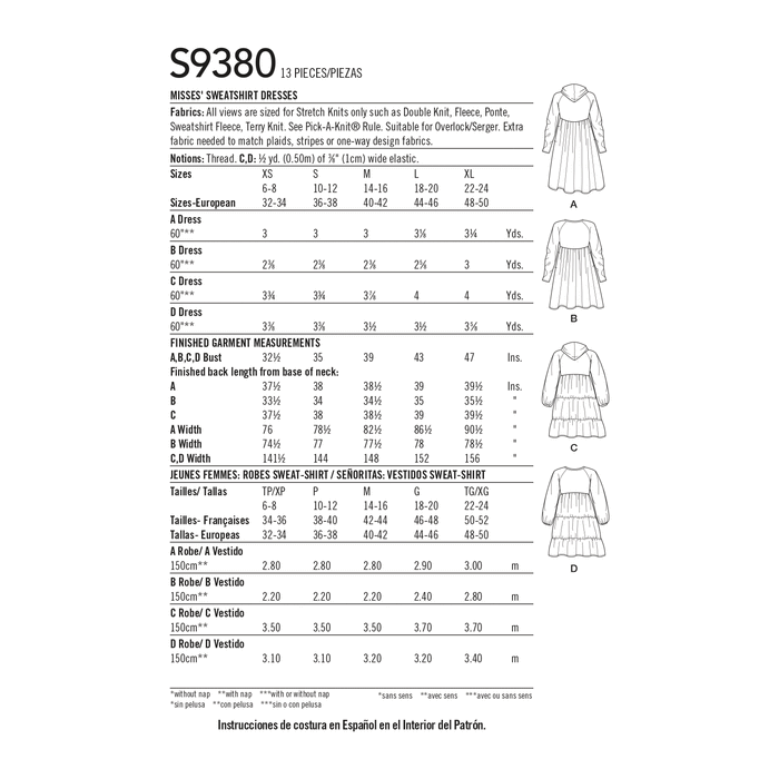 Simplicity Sewing Pattern 9380 Misses' Sweatshirt Dresses from Jaycotts Sewing Supplies
