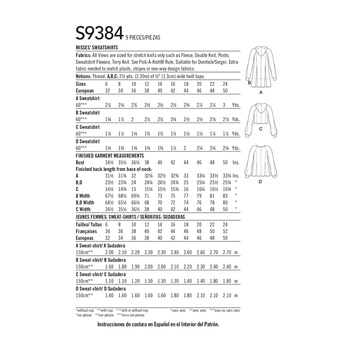 Simplicity Sewing Pattern 9384 Misses' Sweatshirts from Jaycotts Sewing Supplies
