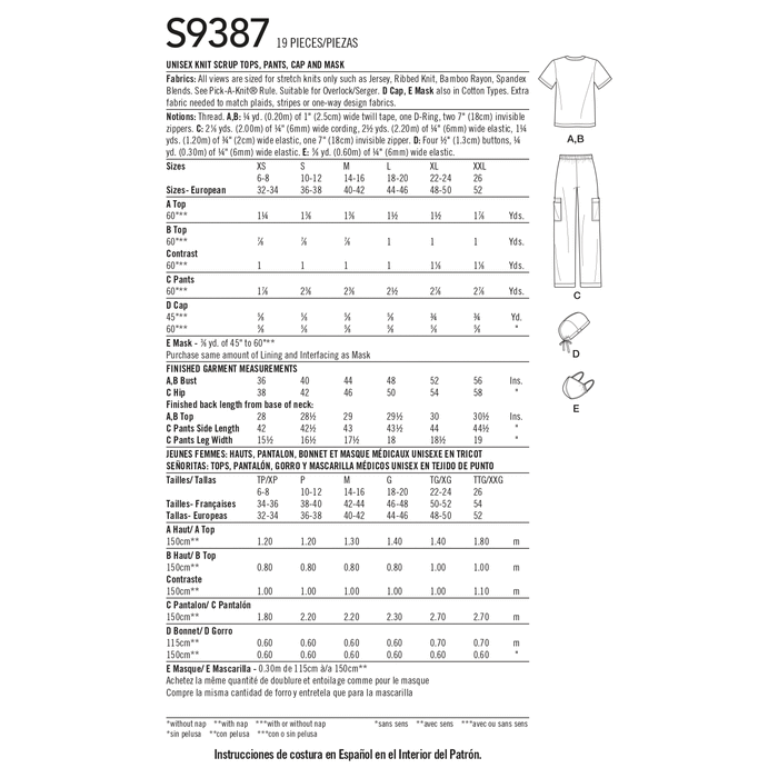 Simplicity Sewing Pattern 9387 Unisex Knit Scrub Tops, Pants, Cap and Mask from Jaycotts Sewing Supplies