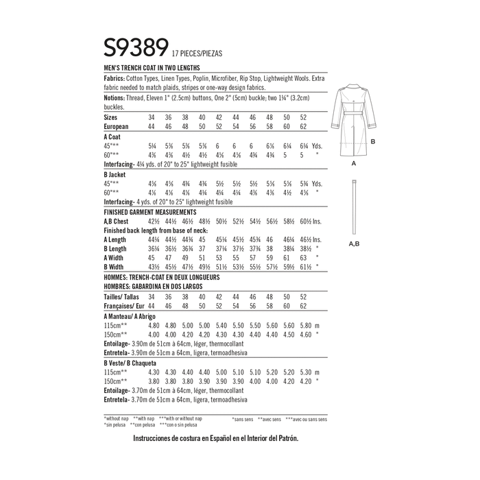Simplicity Sewing Pattern 9389 Men's Trench Coat in Two Lengths from Jaycotts Sewing Supplies