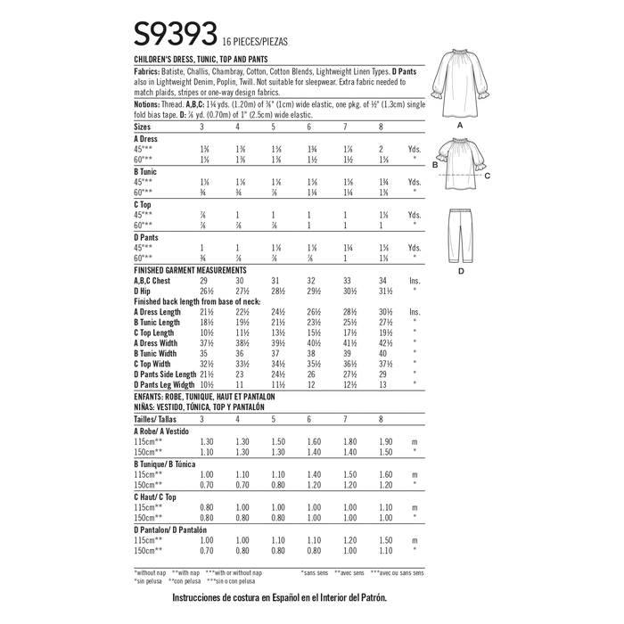 Simplicity Sewing Pattern 9393 Children's Dress, Tunic, Top and Pants from Jaycotts Sewing Supplies