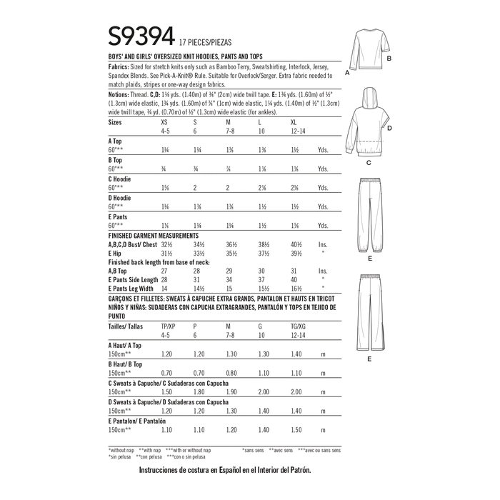 Simplicity Sewing Pattern 9394 Boys' and Girls' Oversized Knit Hoodies, Pants and Tops from Jaycotts Sewing Supplies