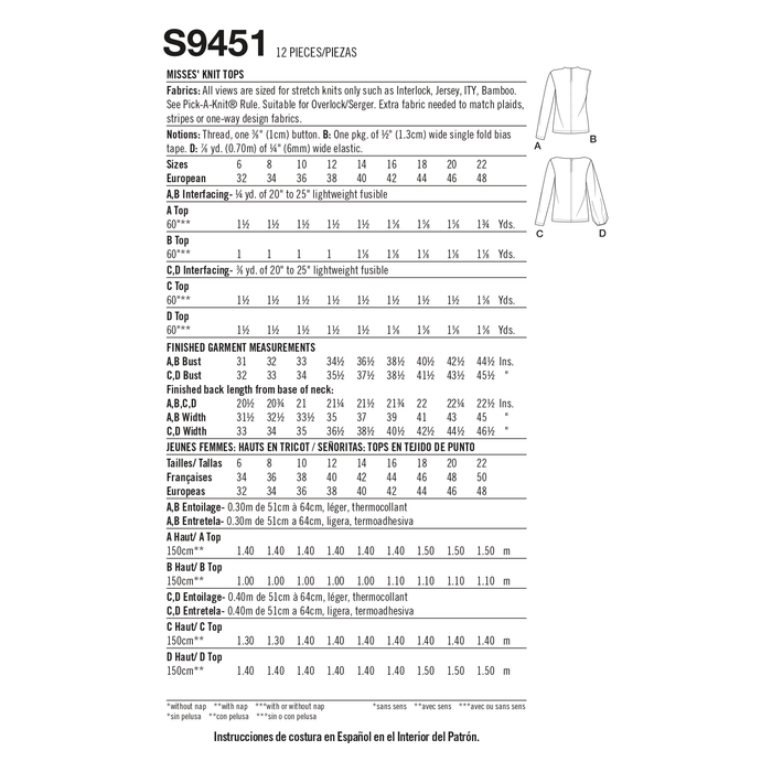 Simplicity Sewing Pattern 9451 Misses' Knit Tops from Jaycotts Sewing Supplies
