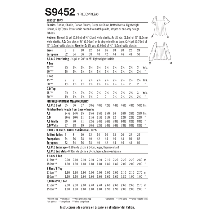 Simplicity Sewing Pattern 9452 Misses' Tops from Jaycotts Sewing Supplies